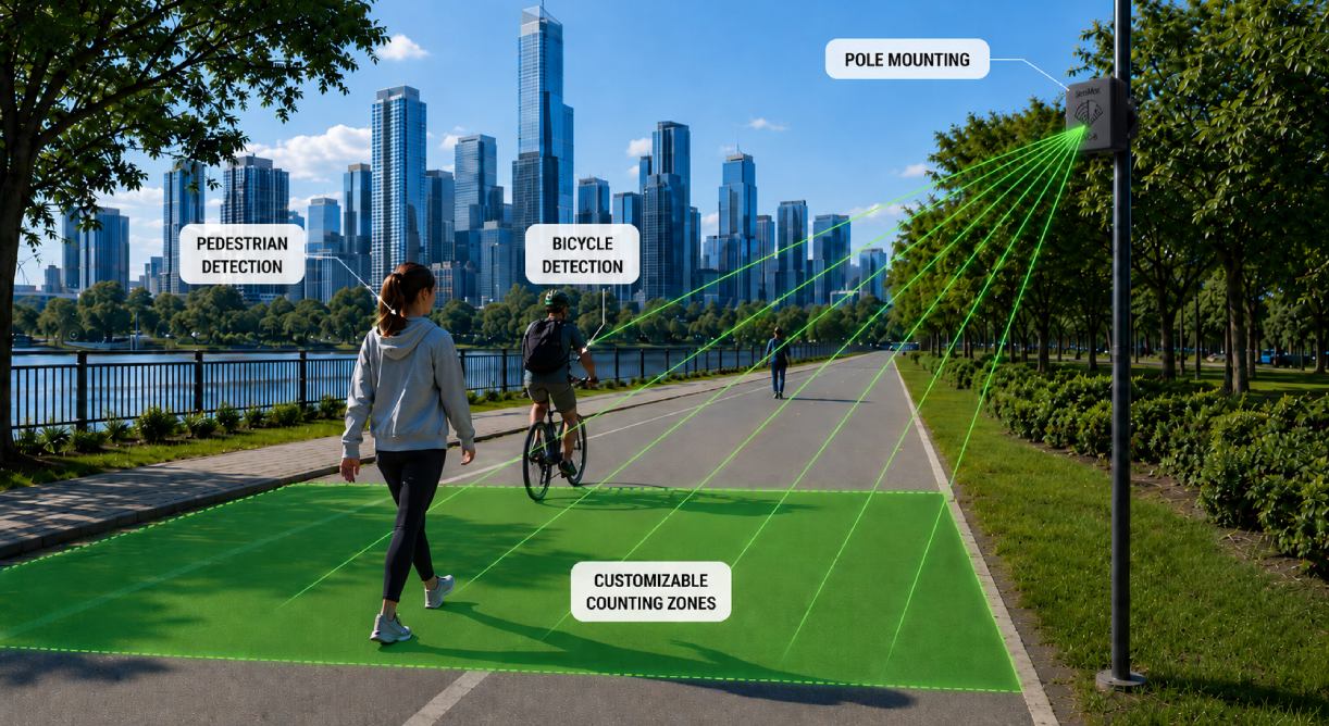 SensMax TAC-B EWP per il conteggio esterno di pedoni e biciclette con installazione su palo