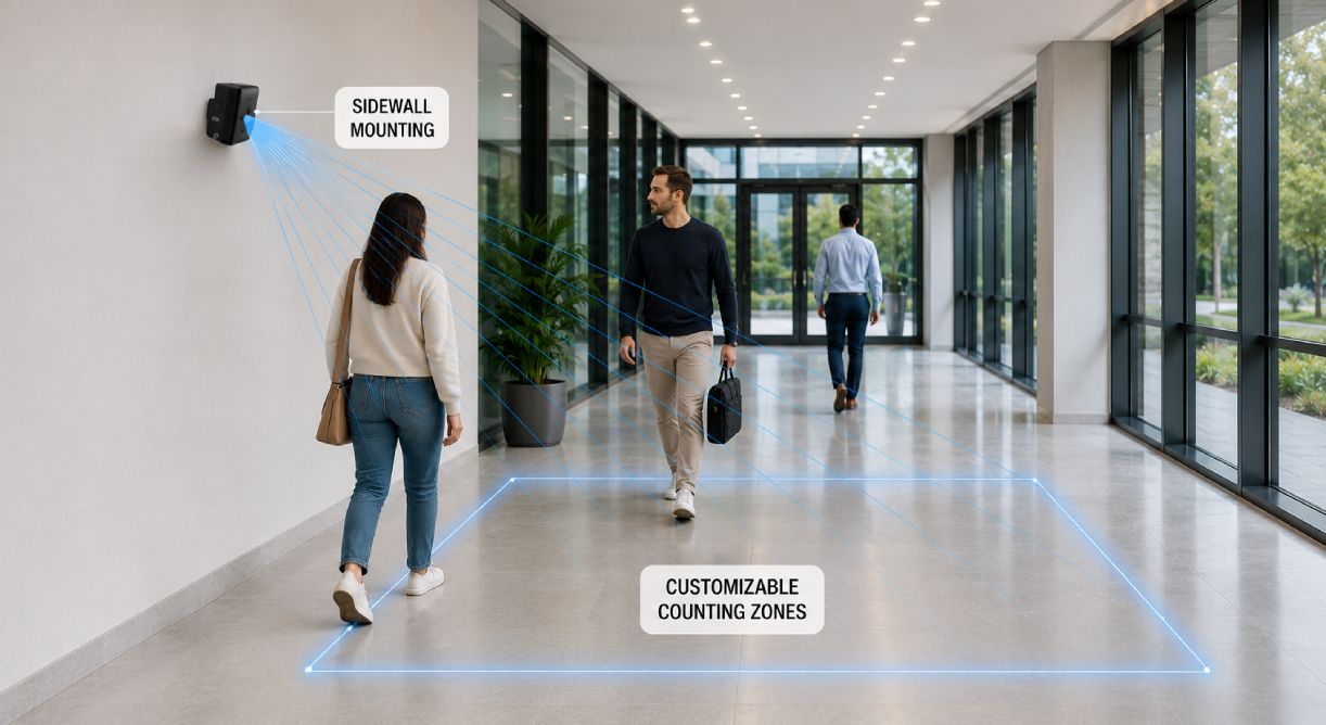 Sensore radar SensMax TAC-B EWP per il conteggio delle persone con installazione laterale