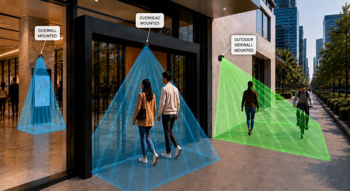 Sensore radar PoE SensMax TAC-B EWP per il conteggio delle persone con installazione a parete e dall'alto